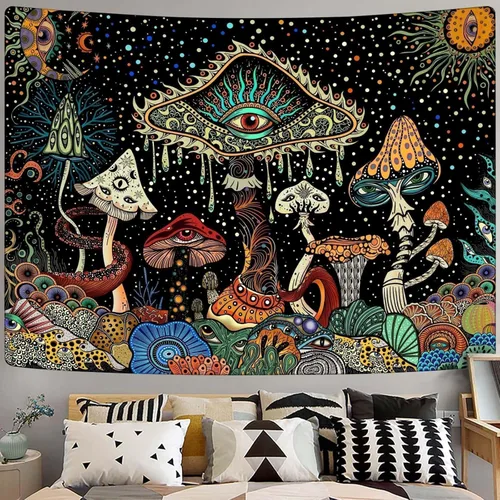 Miniatura 13 de Yeoiat Tapiz de flores cósmicas, tapiz de hongo, paisaje en pared, noche estrellada, arte botánico visionario, decoración para recámara