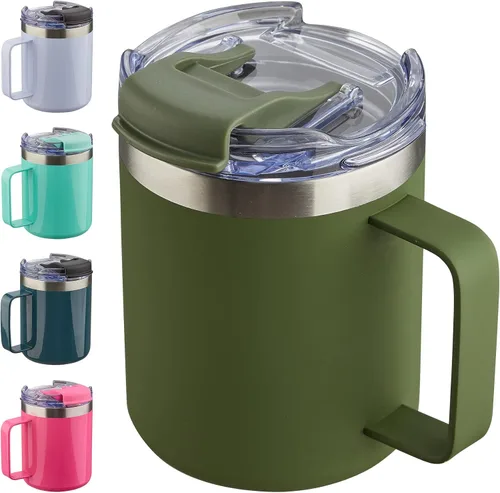 Miniatura 21 de Taza de café aislada de 12 onzas con asa, taza de café de viaje de acero inoxidable con tapa abatible, vaso de café de doble pared con aislamiento