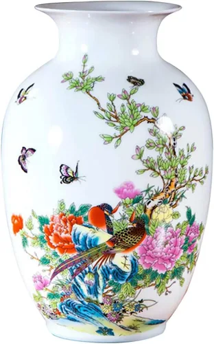 Miniatura 24 de Jarrón de cerámica blanco chino, Jingdezhen Birds Peony Flower Jarrones de porcelana blanca Decoración para el hogar B5