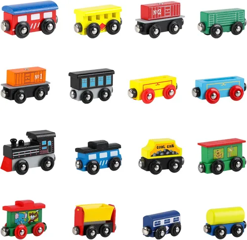 Miniatura 8 de Wondertoys Juego de tren de madera de 16 piezas, incluye bolsa de almacenamiento, accesorios de pista de madera, juego de automóvil magnético