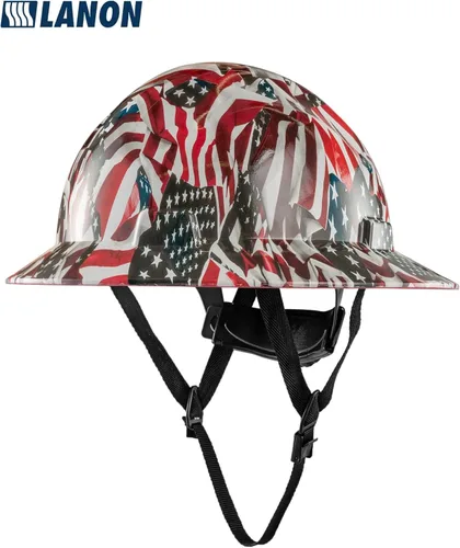 Miniatura 6 de LANON Casco duro de ala completa, aprobado por OSHA para trabajos de construcción, diseño de bandera estadounidense premium, casco de seguridad FRP