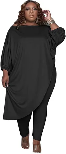 Miniatura 2 de Trajes de talla grande para mujer, conjuntos deportivos de manga larga con hombros inclinados, tops asimétricos, pantalones ajustados