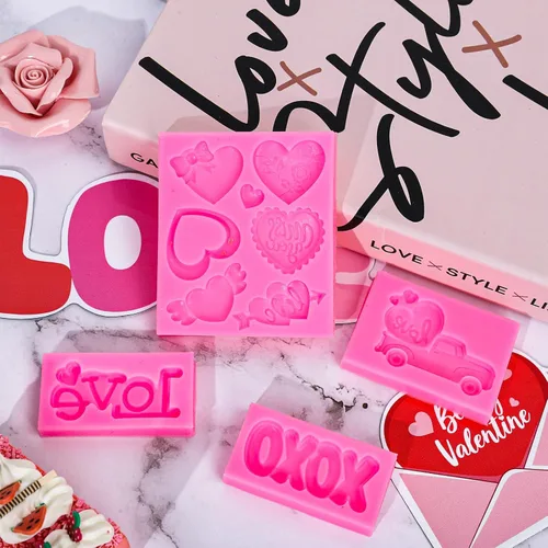 Miniatura 5 de Whaline 4 moldes de fondant para el día de San Valentín, patrón de camión de rosas con forma de corazón, rosa, molde de silicona 3D, molde de resina