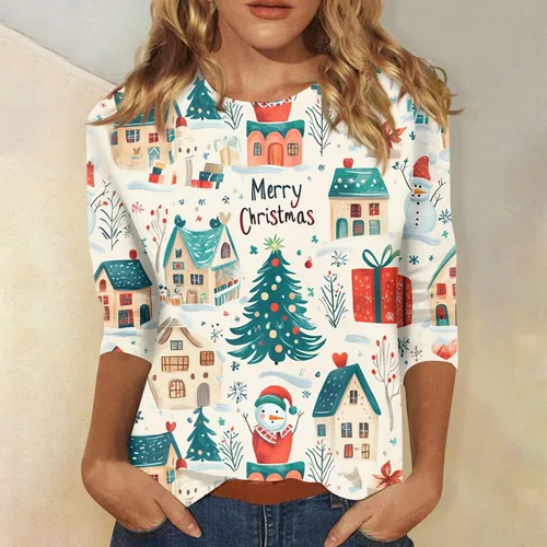 Miniatura 105 de Camisetas de manga 3/4 para mujer, cuello redondo, holgadas, casuales, con estampado floral, camisetas de moda para el trabajo de negocios