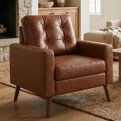 HNY Sillón moderno de mediados de siglo, silla decorativa de piel sintética con botones y reposabrazos, silla tapizada para sala de estar,