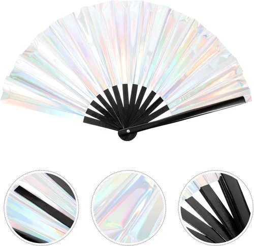Miniatura 2 de EXCEART Abanico plegable para rave, ventilador de mano plegable holográfico chino japonés de bambú para festivales de Halloween, fiestas