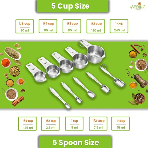 Miniatura 4 de Spring Chef Stainless Steel Measuring Cups and Spoons Set of 10, Nesting Kitchen Metal Measuring Cups and Spoons Set for Dry and Liquid Ingredients