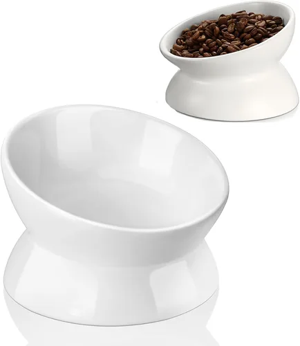 Cuencos elevados de cerámica para gatos, platos inclinados para alimentos o agua, cuenco elevado de porcelana para mascotas, protege la columna