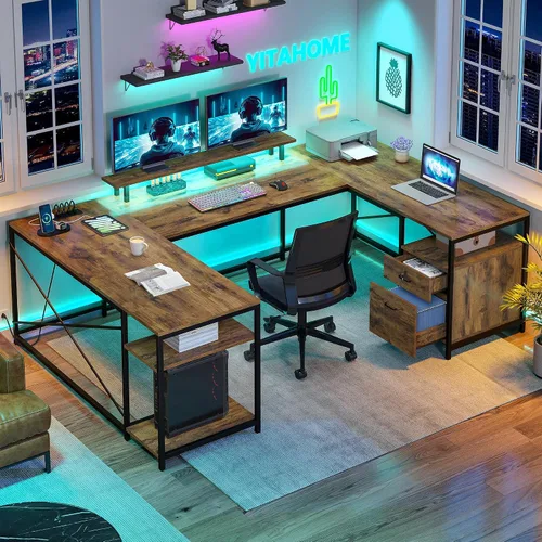 YITAHOME Escritorio en Forma de U con Tomas de Corriente y Luces LED, Escritorio Reversible en Forma de L de 79" con Cajones, Escritorio de Esquina
