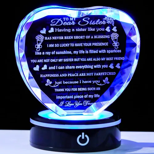 Miniatura 5 de YWHL Regalos de cumpleaños para hermanas con base LED colorida de corazón de cristal para mi hermana, regalo significativo para hermanas en Navidad