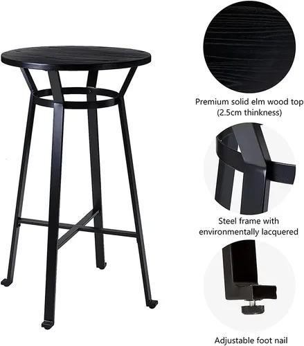 Miniatura 2 de Glitzhome Juego de mesa y sillas de comedor, mesa redonda de acero negro con parte superior de madera de olmo sólido y taburetes de bar de cuero