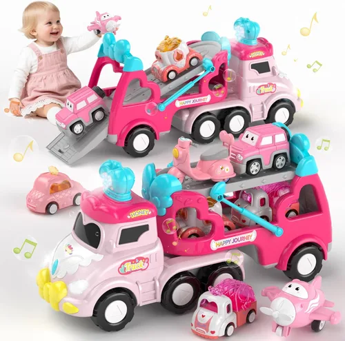 Miniatura 13 de newcrave Camión transportador 7 en 1 de juguetes para niñas de 1, 2, 3 años, regalos de cumpleaños, juguetes de princesa para niños pequeños de 1 a