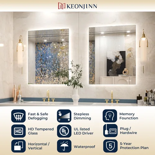 Miniatura 5 de Keonjinn Espejo de baño LED de 24 x 32 pulgadas con retroiluminación, antiniebla, CRI90+ HD regulable sin escalones, alto lumen, montaje en pared