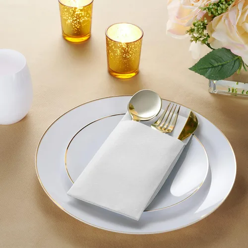 Miniatura 2 de Paquete de 50 servilletas desechables de lino con bolsillo integrado para cubiertos, tela preplegada blanca como servilletas de papel para cenas