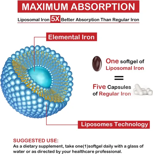 Miniatura 3 de Suplemento liposomal de hierro Fe para mujeres, suplemento de hierro de 65 mg con ácido fólico y vitamina B12 para hombres, apoyo diario de sangre