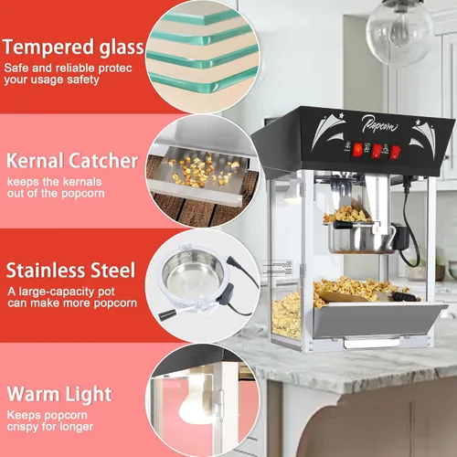 Miniatura 5 de Máquina comercial de palomitas de maíz de 12 onzas, máquina de palomitas de maíz de acero inoxidable con vidrio templado y plataforma de Negro