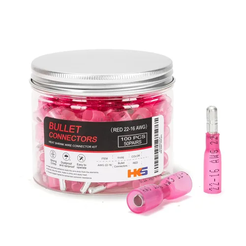 Miniatura 14 de HKS 100 conectores de bala hembra termorretráctiles – 22-16 AWG rojo – Terminales de engarce de cobre estañado – impermeables y aislados