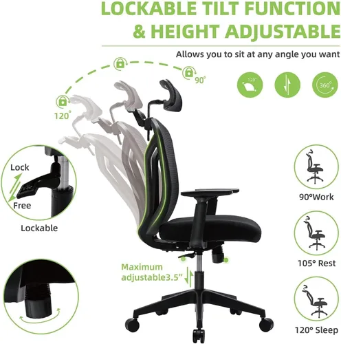 Miniatura 7 de Silla de oficina con respaldo alto, silla ergonómica de malla, silla de escritorio para el hogar, reposacabezas ajustable, silla ejecutiva