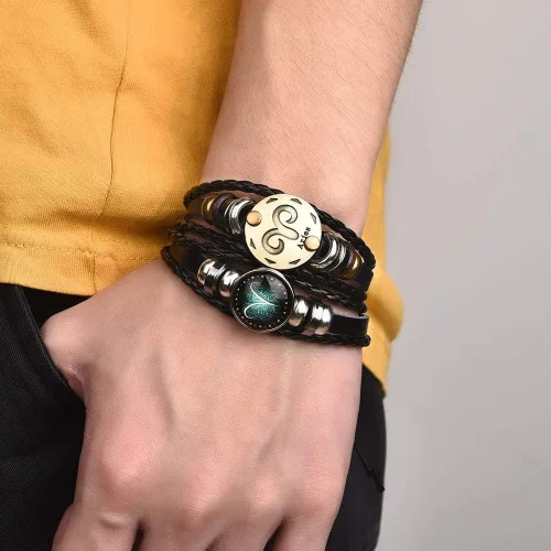 Miniatura 2 de Pulsera de cuero trenzado a mano con 12 cuentas de constelación para hombre, estilo retro, 2