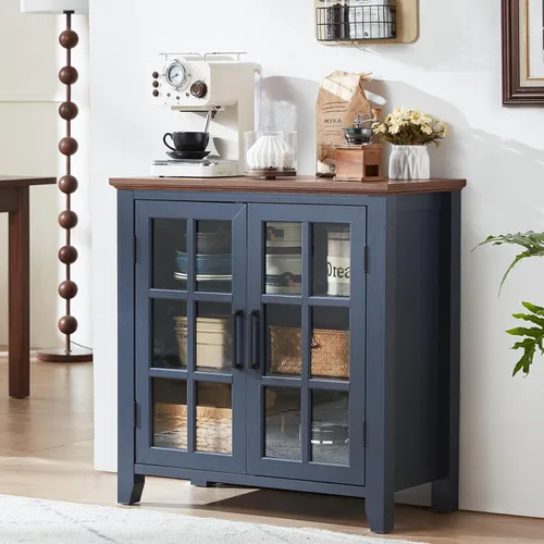Miniatura 13 de Aparador Grande Buffet con Almacenamiento, 32" Mueble de Cocina Estilo Granja Azul Marino para Café y Vino con 2 Puertas de Vidrio, Mesa Aparador