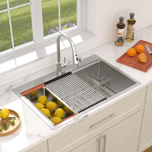 Dcolora 33x22 Fregadero de cocina de acero inoxidable de 16 calibres, estación de trabajo de caída, fregadero de cuenco único grande, montaje