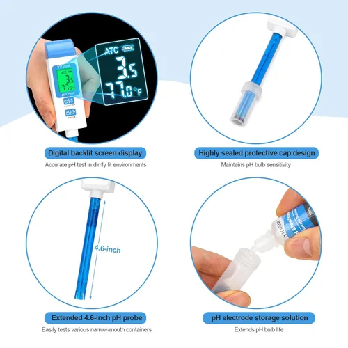 Miniatura 6 de Medidor de pH para Agua Probador de pH Digital con Sonda de pH de 4.6in Medidor de pH de Laboratorio Lector de pH con ATC para Enlatado Kit