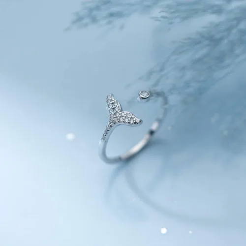 Miniatura 2 de Anillo de plata de ley 925 con forma de cola de sirena con circonita cúbica, anillo de compromiso de plata de ley 925, ajustable, con diamantes