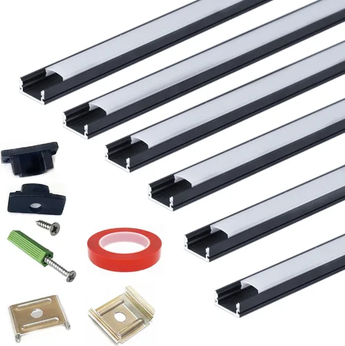 THMOOTHER Tira LED negra difusora de canal en U, paquete de 6 unidades de 1 pie, 0.669 x 0.295 in, montaje en superficie, riel de aluminio con