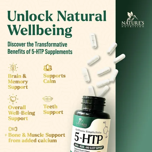 Miniatura 5 de 5 cápsulas de hidroxitriptófano – 200 mg por porción Suplemento 5 HTP más calcio para la salud cerebral y apoyo al sueño, fórmula extra fuerte