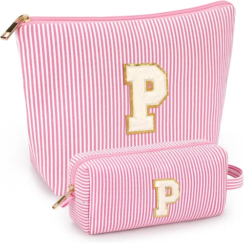 Miniatura 69 de 2 piezas de bolsas de maquillaje iniciales para mujeres: bolsa de cosméticos para viaje y artículos de tocador - Regalos de cumpleaños para niñas
