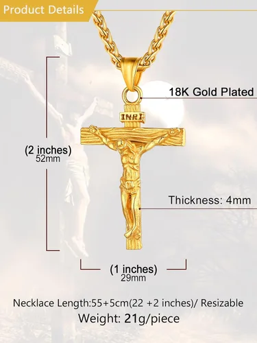 Miniatura 5 de U7 Colgante de cruz de crucifijo para hombre con cadena de bautismo, joyería cristiana, acero inoxidable, oro de 18 quilates, collar antiguo