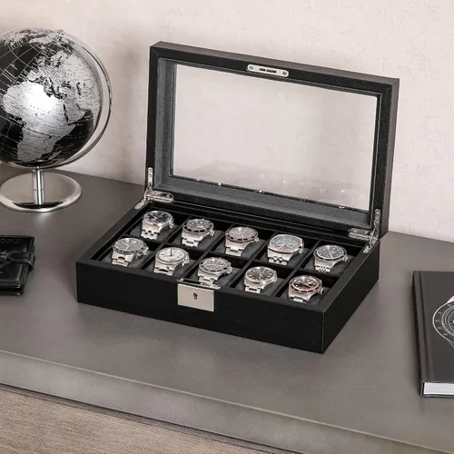 Miniatura 3 de ROTHWELL Caja de reloj de cuero con 10 ranuras, organizador de joyas de lujo, soporte para reloj con tapa de cristal grande, organizador de caja