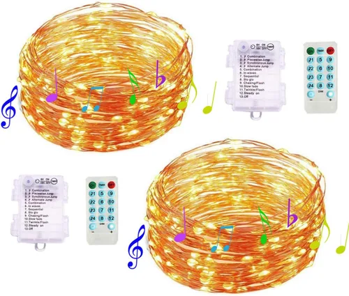 Miniatura 10 de Paquete de 2 tiras de luces de música activadas por sonido, 100 luces LED de alambre plateado de 33 pies con temporizador remoto para dormitorio