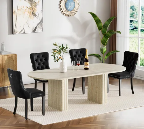 Miniatura 16 de Juego de 4 mesas de comedor extensibles, mesa de comedor ovalada negra y 4 sillas de comedor de terciopelo negro con patas de madera, juego de mesa
