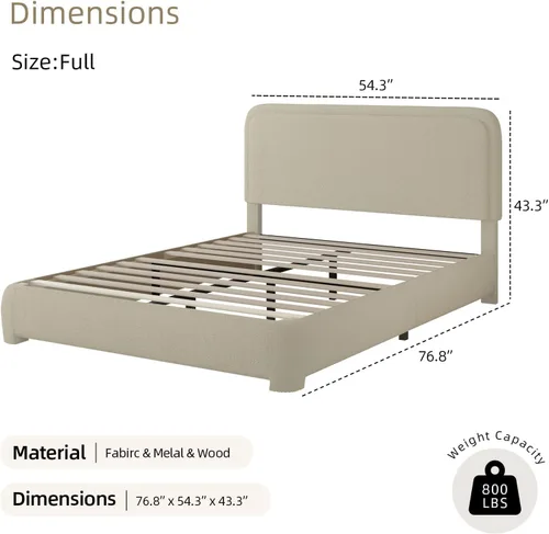 Miniatura 2 de BarnFurin Cloud Boucle - Base de cama de tamaño matrimonial, plataforma tapizada con cabecero, esquinas redondeadas suaves, no requiere somier, Beige