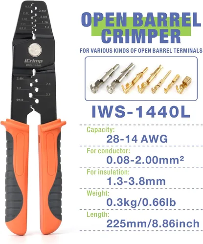Miniatura 2 de iCrimp Crimpadora de barril abierto para clavijas JST Molex TE, AWG 28-14 sin trinquete Crimpadora de barril abierto sin trinquete para clavijas