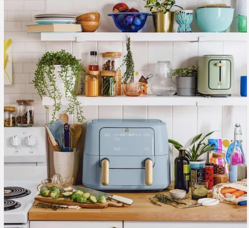 Drew Barrymore 9 Qt TriZone Dual Basket Air Fryer, EverGood Ceramic Nonstick Coating, White (Cornflower Blue)