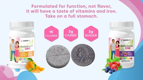 Miniatura 5 de BariatricPal Multivitamínico UNO 1 por día! Multivitamínico bariátrico masticable con 45 mg de hierro, bayas mixtas (30 unidades)