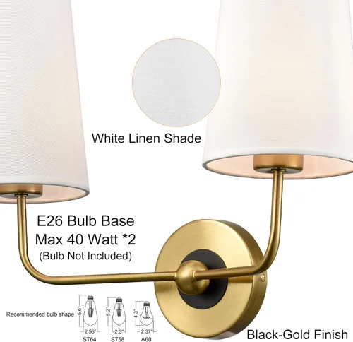 Miniatura 3 de DAYCENT Moderno aplique de pared dorado con pantalla de tela, apliques de 2 luces, iluminación de pared de doble brazo, luces de tocador de baño