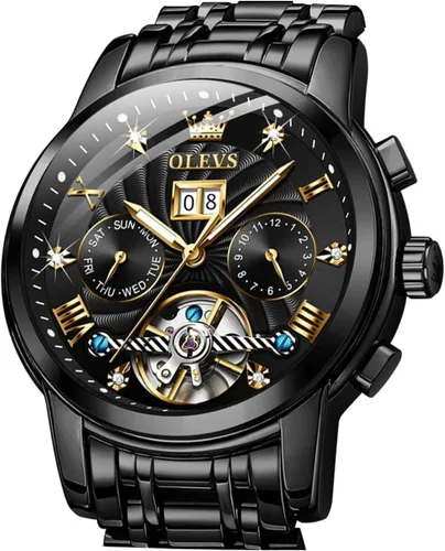 OLEVS Relojes de esqueleto para hombre, reloj de pulsera de diamantes de lujo, automático, mecánico, automático, luminoso, impermeable