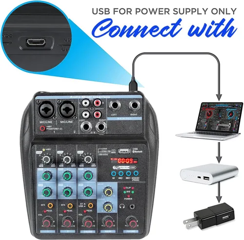 Miniatura 3 de Dj Mixers - Mezclador de audio de 4 canales con Bluetooth, interfaz de audio USB portátil con alimentación fantasma de 48 V, tablero mezclador