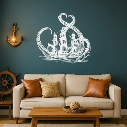 Miniatura 3 de Calcomanía grande de vinilo para pared, tentáculos de pulpo, barco pirata, decoración náutica, habitación, baño, océano, aventura, temática de Gris
