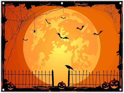Miniatura 11 de Telón de fondo naranja para fotos de Halloween de 10 x 8 pies para fiestas, parche de calabaza grande, luna, fotografía, fondo, bruja para niños