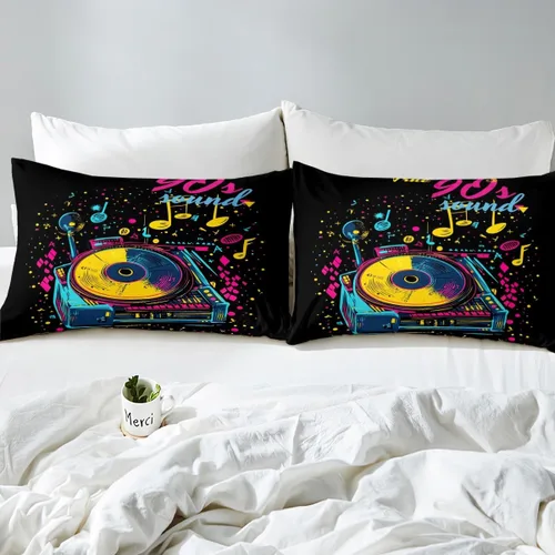 Miniatura 4 de Sábana bajera ajustable de los años 80 y 90, diseño retro de tocadiscos, para niños y adolescentes, juegos de ropa de cama de música hip pop, notas