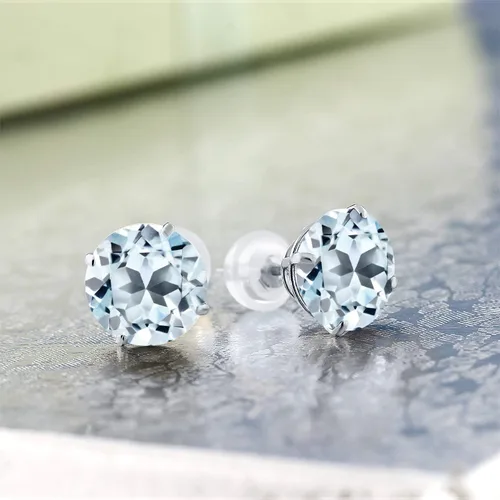 Miniatura 2 de Gem Stone King Solid 14K White Gold 8MM Round Gemstone Birthstone Stud Earrings Gold Earrings with Comfort Back For Women