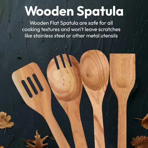 Miniatura 7 de Ajuny Juego de utensilios de cocina de madera, 6 cucharas y espátulas de madera, utensilios de cocina no tóxicos, seguros para sartén antiadherente