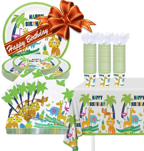 Jubi Juego de vajilla de papel de 211 piezas con diseño de feliz cumpleaños de la selva para 30 personas, platos de safari, tazas con estampado de