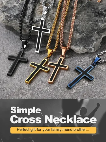 Miniatura 8 de U7 Collar de cruz simple para hombres y mujeres, acero inoxidable, plateado, negro, oro, cruz latina, colgante, grabable, longitud de 22 a 24