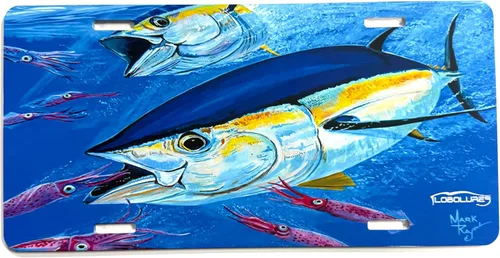 Miniatura 4 de Lobo Lures Bigeye Atún Chasing Squif por Mark Ray Auto Vanity Plate Garage o Mancave Art, placa de aluminio con revestimiento UV