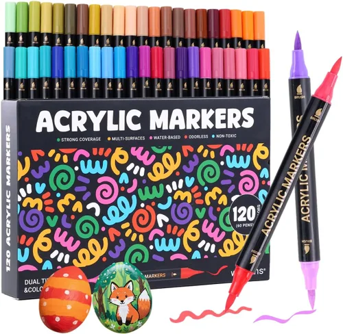 WINSONS Marcador de pintura acrílica de 120 colores, doble punta y bolígrafos de pintura acrílica de dos colores para piedra, madera, lienzo,